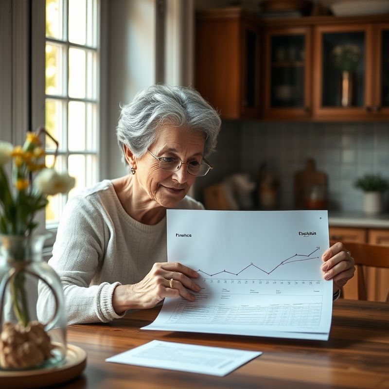 Pár v 60 letech prohlíží finanční časovou osu u kuchyňského stolu